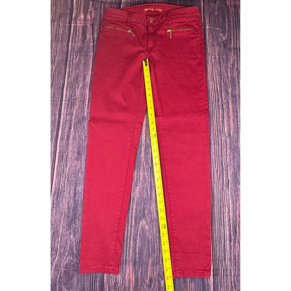 Michael Kors Izzy Skinny 8 Red Cotton Blend‎ Modern Gold Zip Ankle Pants Jeans - Picture 5 of 9